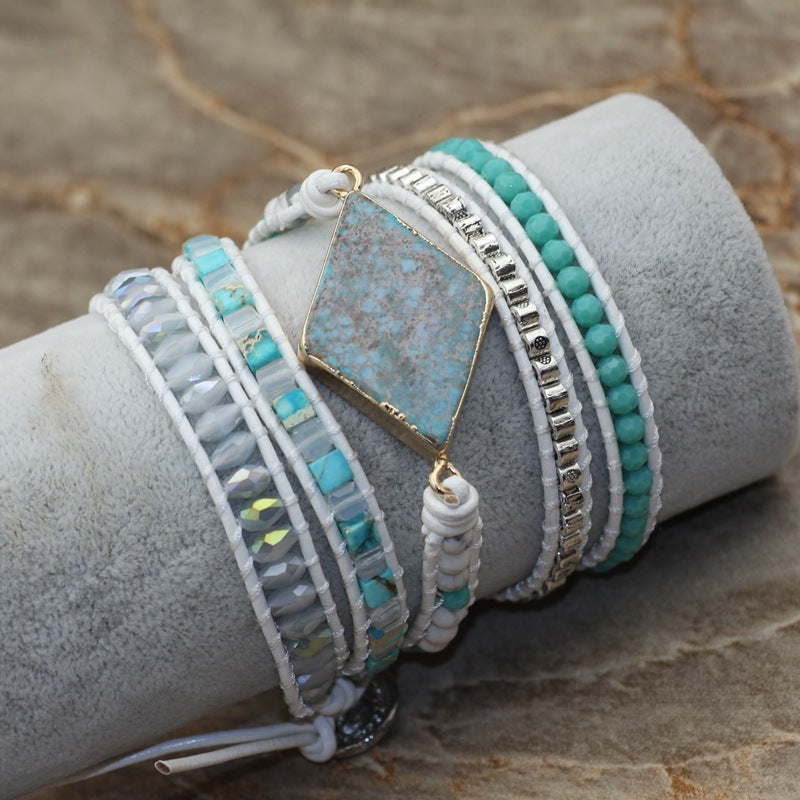 "Boho Multi-Layer White Leather Diamond Bracelet"