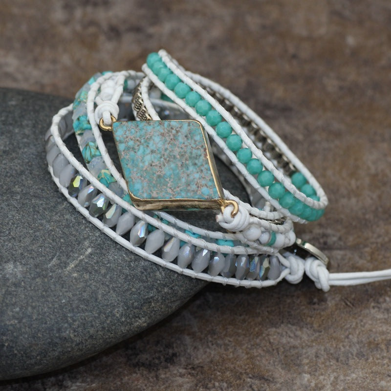 "Boho Multi-Layer White Leather Diamond Bracelet"