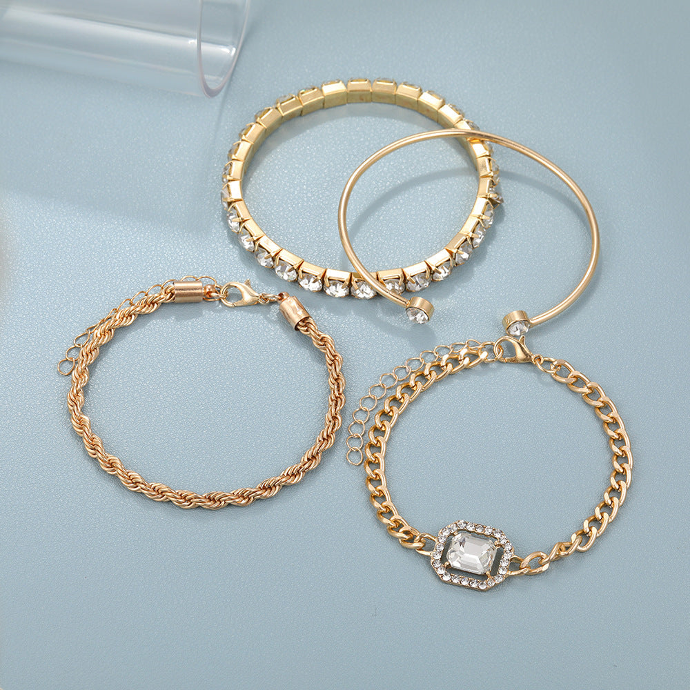 "Boho Crystal Bracelet Set – 4 Pcs Vintage Cuff & Chain"