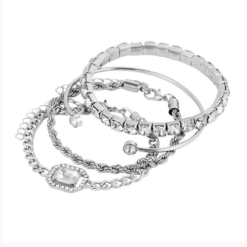 "Boho Crystal Bracelet Set – 4 Pcs Vintage Cuff & Chain"