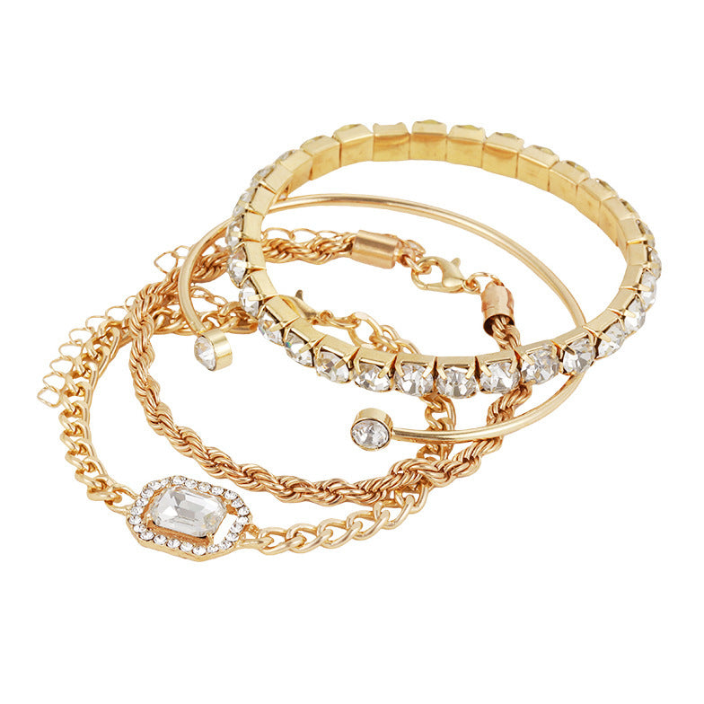 "Boho Crystal Bracelet Set – 4 Pcs Vintage Cuff & Chain"