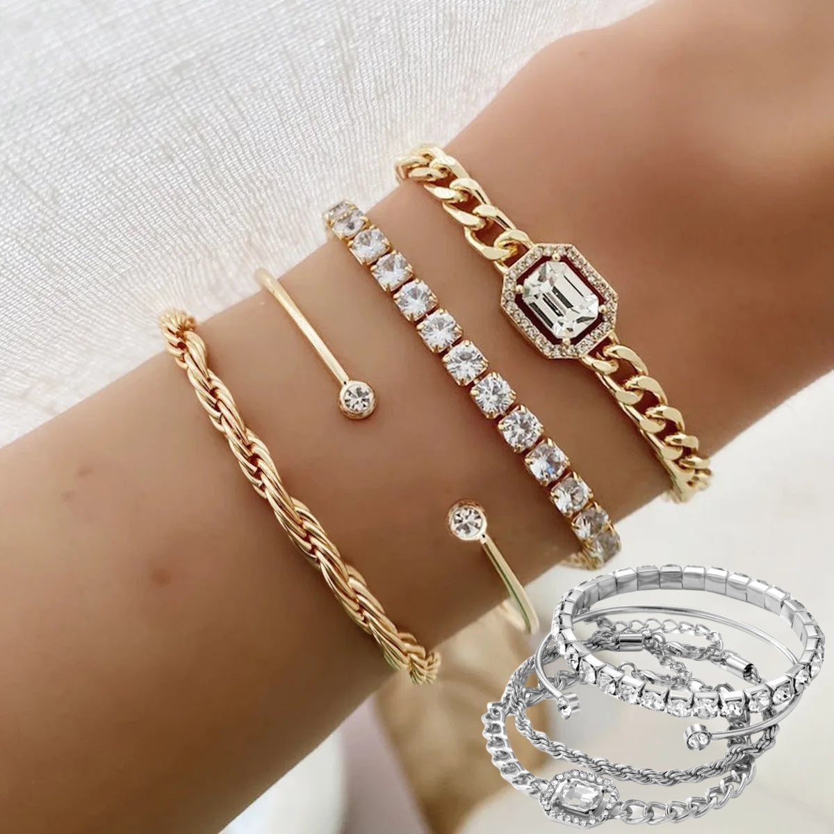 "Boho Crystal Bracelet Set – 4 Pcs Vintage Cuff & Chain"