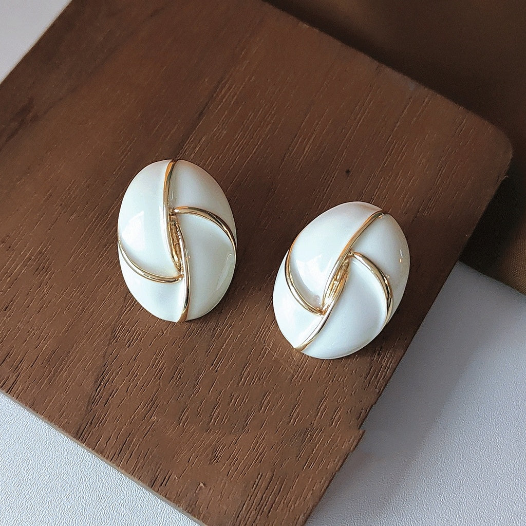 "Cream 14K Plated Oval Ear Studs"