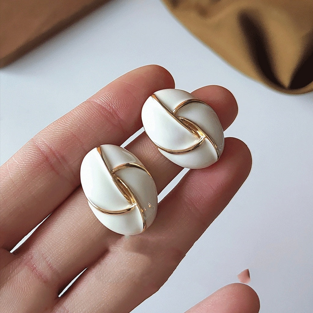 "Cream 14K Plated Oval Ear Studs"